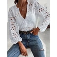 thumbnail image 6 of Women Deep V Neck Eyelet Blouses 3/4 Balloon Sleeve Button Down Hollow Out Fall Shirts White XL, 6 of 9