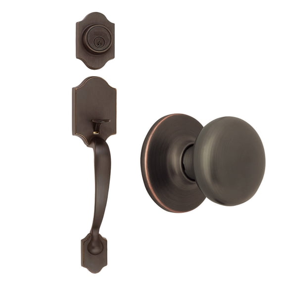 Design House 753624 Sussex Handleset with Cambridge Knob Interior and Single Cylinder Deadbolt Oil-Rubbed Bronze Door