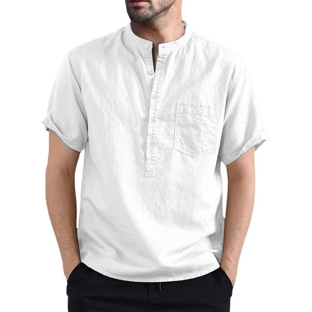 Camisas Hombre Manga Corta Camisa de manga corta con bolsillo Camisas de hombre de pie con cuello casual para hombres (White, M)