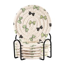 6 Pcs Drink Coasters with Holder 3.94in Woven Coasters for Drinks Green and Black Bows Coaster Set for Protection Table