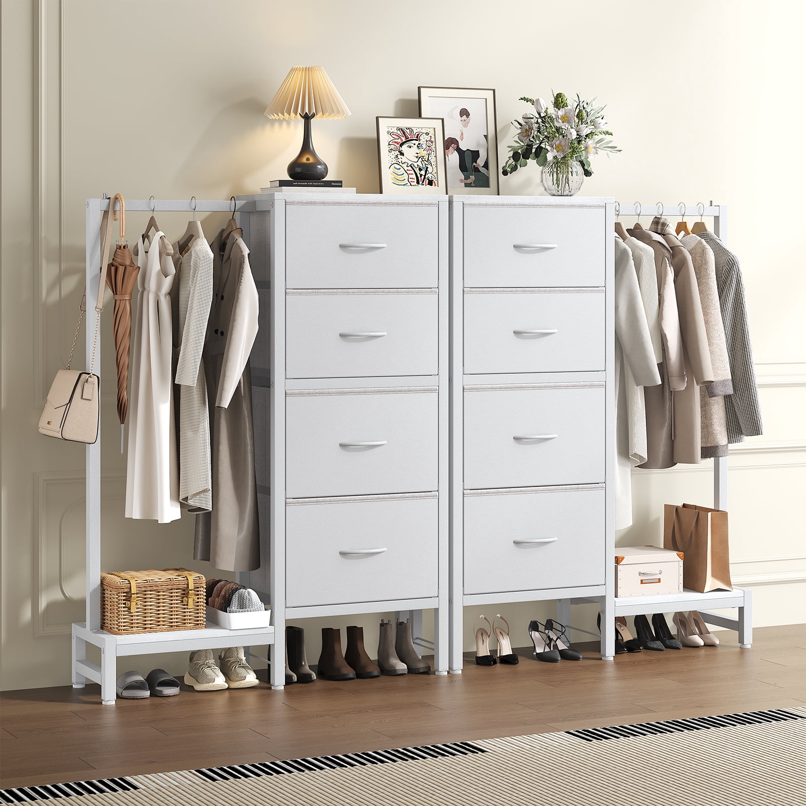 CONCETTA 4 Drawers Dresser with Hanging Rack, 44-inch Tall Reversible Fabric Chest, Bedroom Storage Tower, White