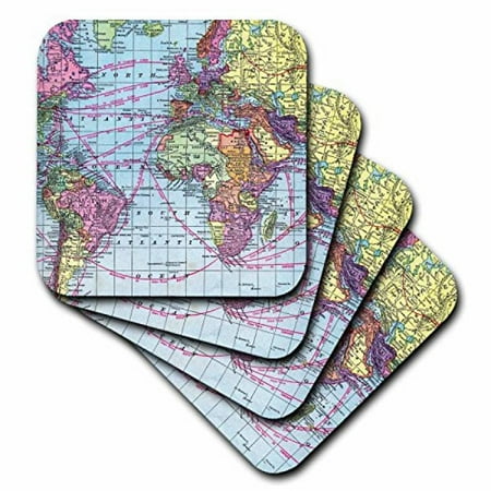 3dRose Colorful Vintage World Map - distance calculations between countries on lines - south america africa, Ceramic Tile Coasters, set of 4