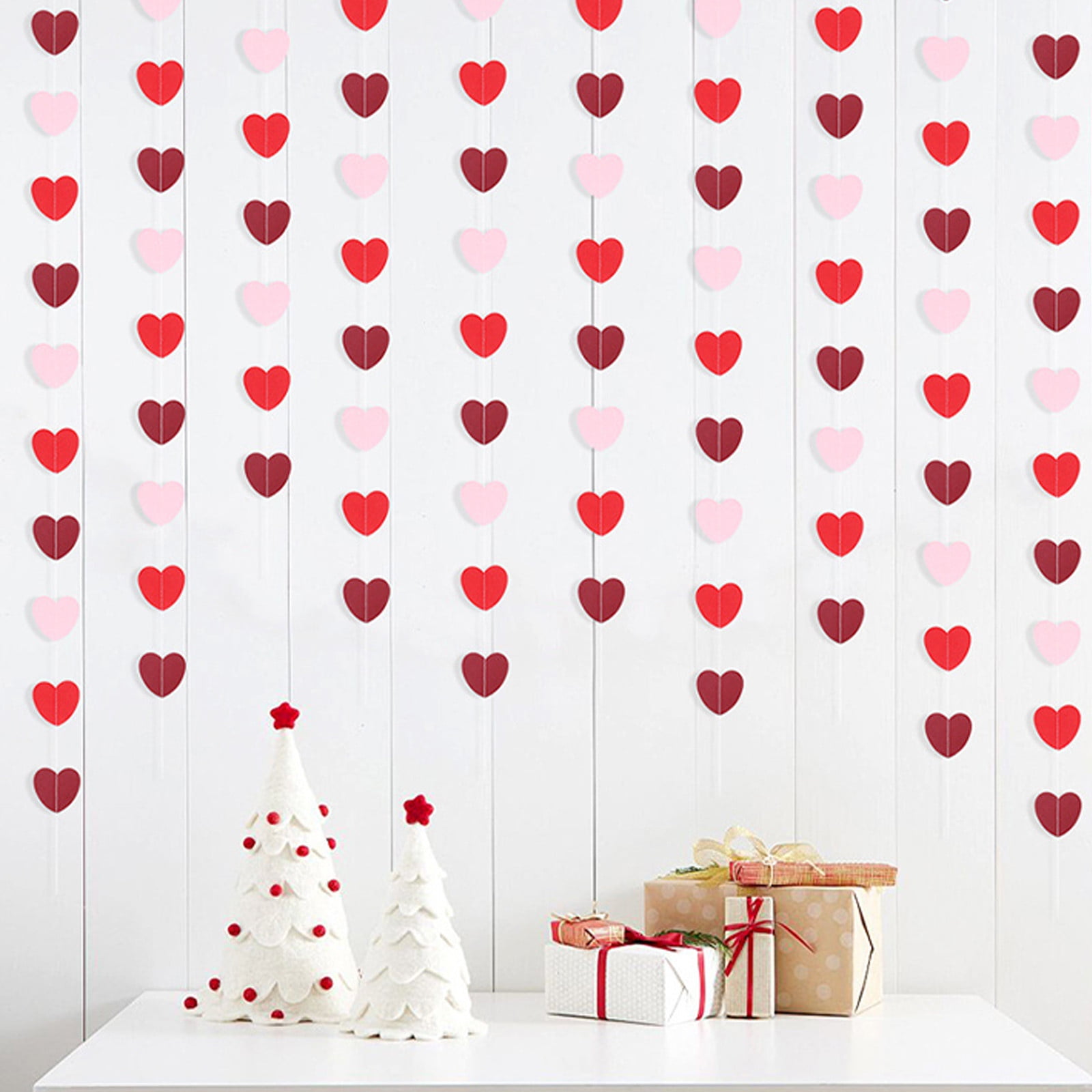 Valentine's Day Heart Garland Set of 2, Red Pink Paper Banner with 6.5ft String, Reusable Hanging Decor for Wall Party Classroom Decorations