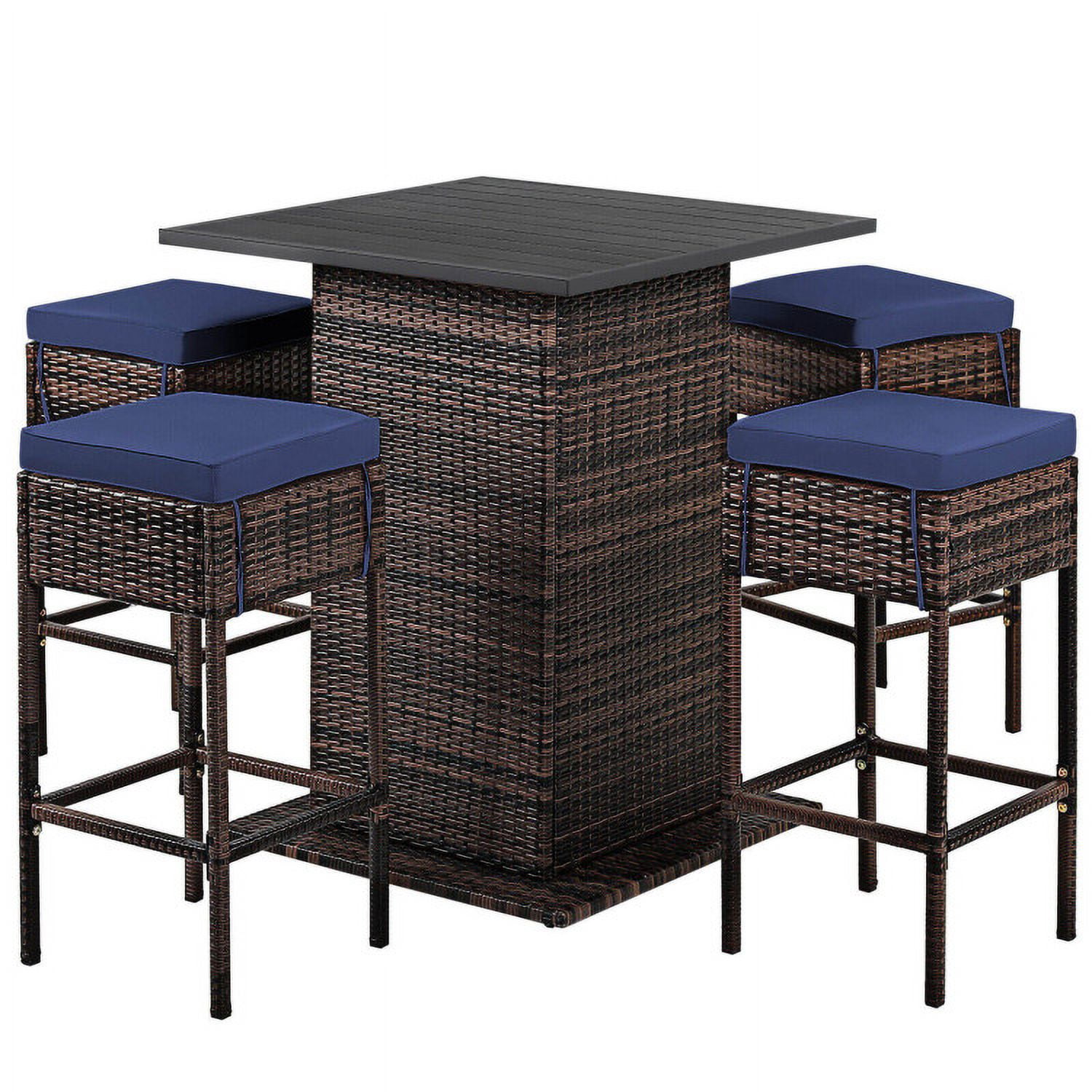Aimee Lii 5 Pieces Patio Rattan Bar Table Stool Set Hidden Storage Shelf Cushioned, Outdoor Patio Furniture, Navy