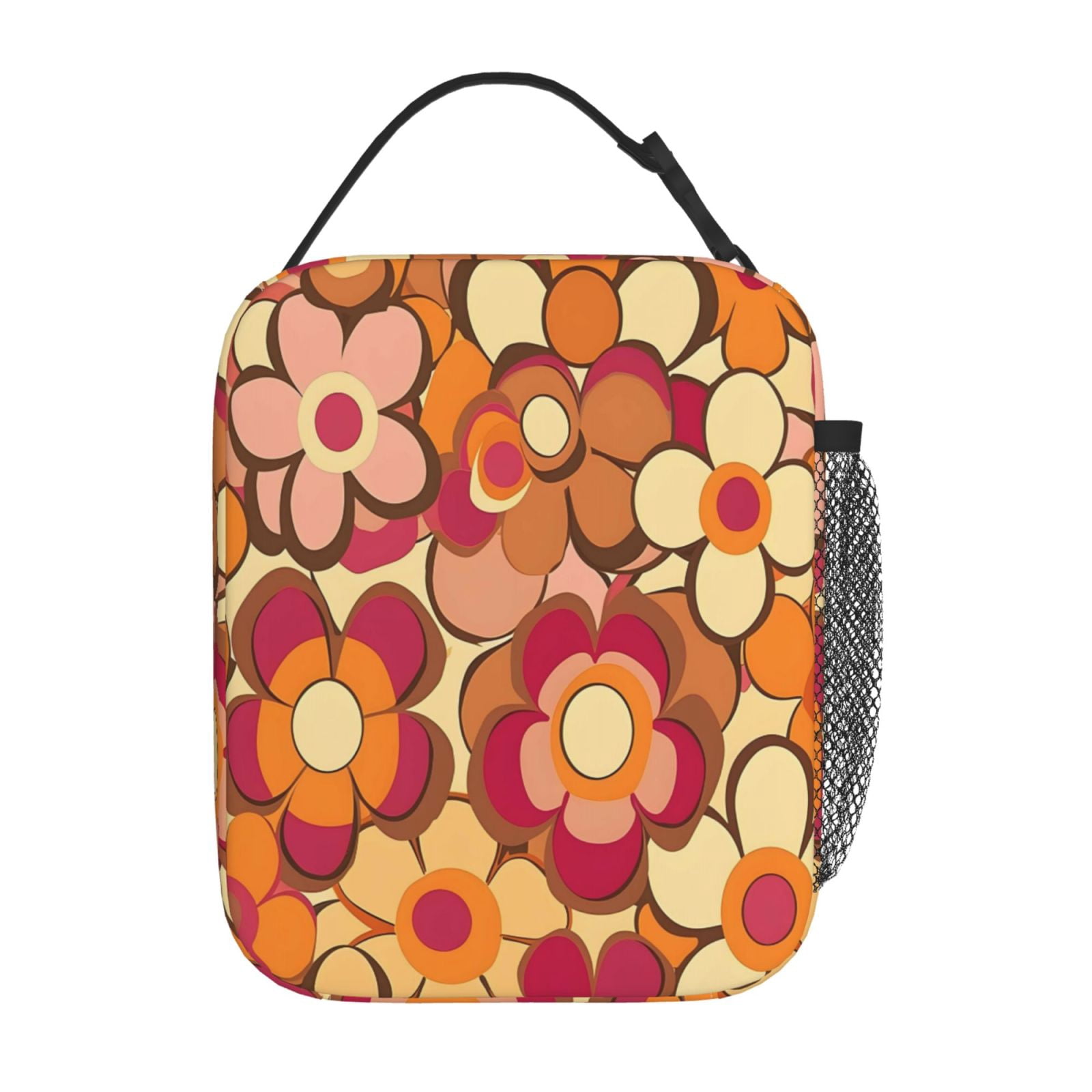 Lunch Bag For Women Men Insulated Portable Lunch Box Bento Box Office Picnic Travel Cooler Bag Retro Groovy Flowers Pattern (13)