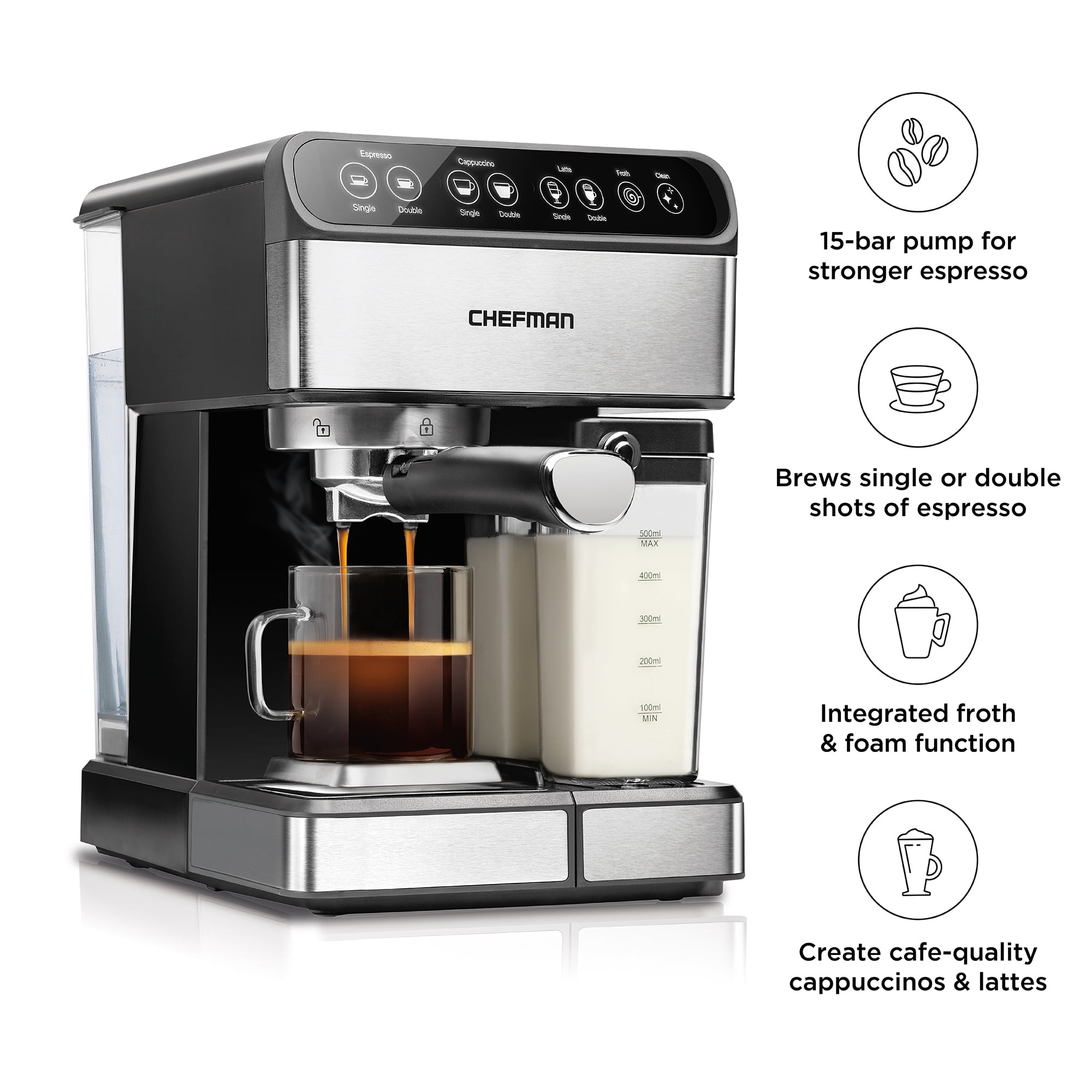 Chefman 1-2 Cup Stainless Steel Espresso Machine with Steamer 6 in 1Coffee,  Cappuccino, Latte, Coffee Machine and Frother RJ54-SS-15 - The Home Depot