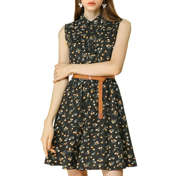 Allegra K Women's Printed Half Placket Sleeveless Belted Dress