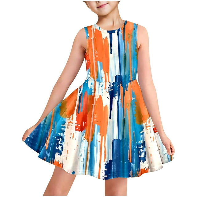 LOVZFMLL Robe d'Été à Manches Courtes pour Filles avec Poches à Volants Col Rond Imprimé Robe Débardeur Douce