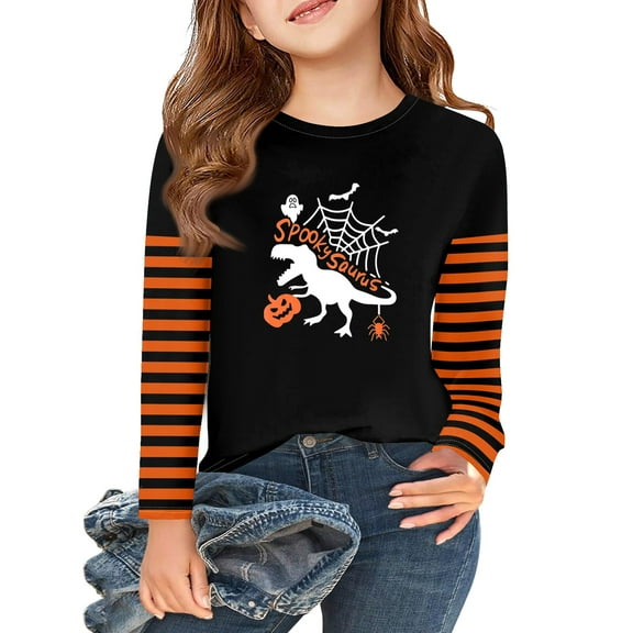 Abcomgle Girls Halloween Shirts Size 14 Spooky Dinosaur Skeleton Graphic Shirts for Kids Crewneck Long Sleeve Shirts for Kids Girls Fall Funny Holiday Blouses for Girls,10-11 Years