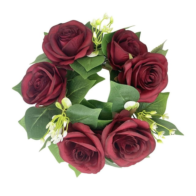 Couronne de Bougeoirs Rose Rouge et Verdure Élégante pour Centre de Table de Réception de Mariage