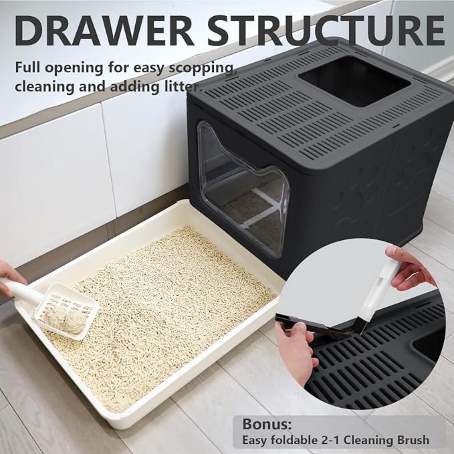 Cat Litter Box with Lid, Enclosed Potty, Large Top Entry Anti-Splashing Toilet, Easy to Clean Including Litter Scoop and 2-in-1 Cleaning Brush (Black)