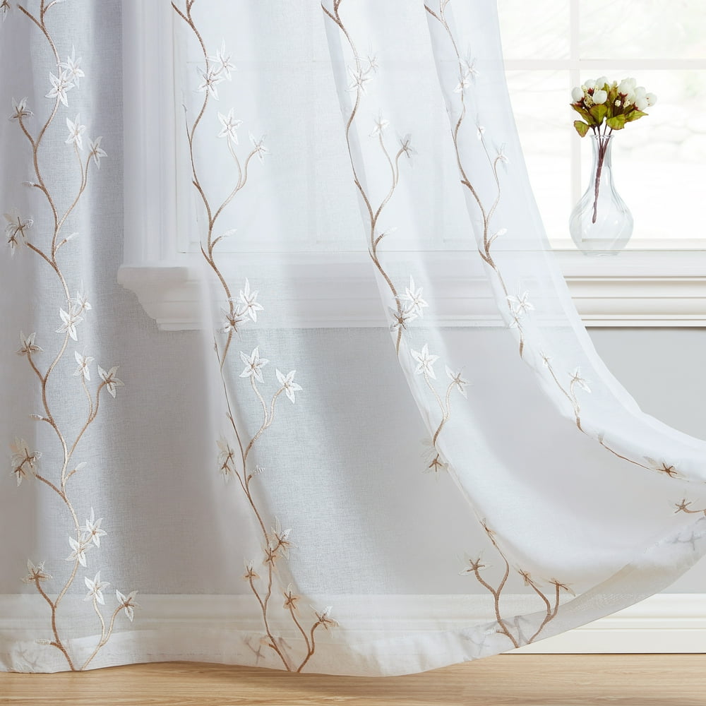 HLC.ME Emma Floral Embroidered Semi Sheer Voile Window Curtain Drapery
