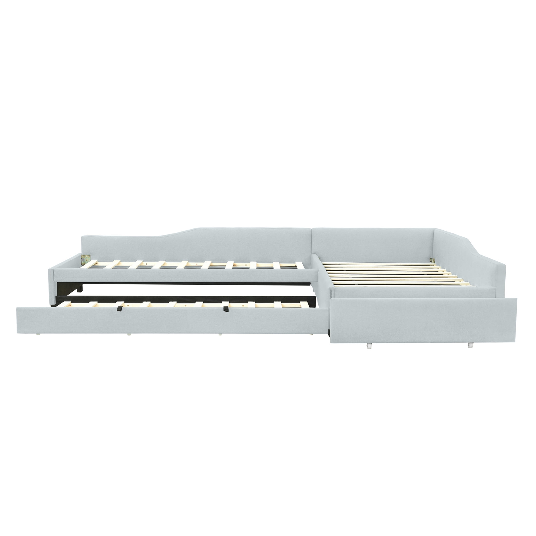 Noble House Orielle Linen Upholstered Double Twin Daybed with Extra Trundle and Storage Drawer, Plywood Frame, Beige