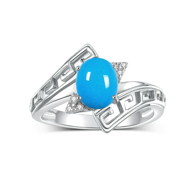 RYLOS Rings for Women Sterling Silver Greek Key Designer Ring 9X7MM Gemstone & Diamond Ring December Turquoise Jewelry Size 9