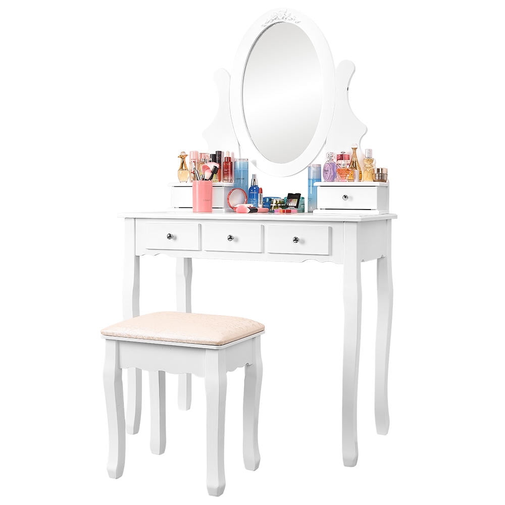 Makeup Bedroom Vanity Table Set With Oval Mirror And Cushioned Stool