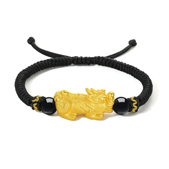 ZHOU LIU FU 24K Gold Bracelet for Men Black Bracelets Feng Shui Beaded Chain Agate Natural Stone Pixiu Charm Braided Rope Adjustable Link Wealth Bangle Healing Gemstone Jewelry Good Luck Onyx Gift