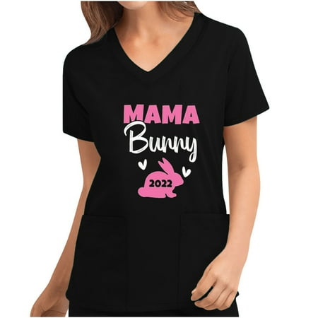 

LWZWM Mama Shirt for Women Mama T Shirts Mom of Graphic Tee Funny Casual Mama Tops Tees Short Sleeve V-Neck Mother s Day Gifts with Pocket Mothers Day Medical Scrub Shirts Mama Bunny Black M