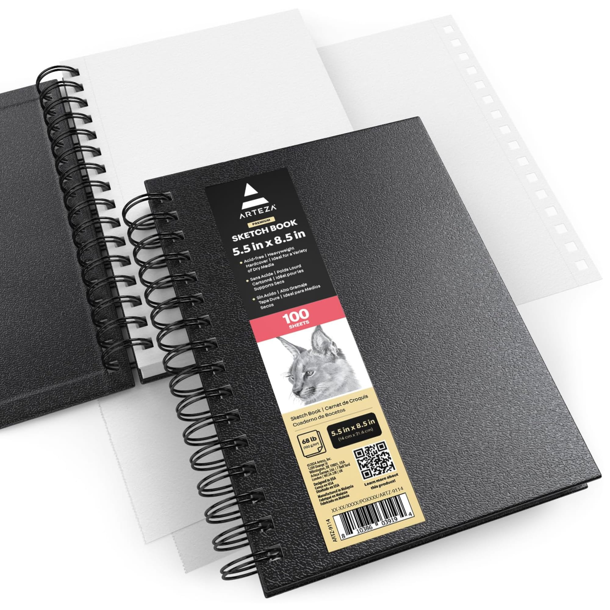 Arteza 5.5" x 8.5" Spiral-Bound Hardcover Sketchbook, 200 Pages, Black, Set of 3