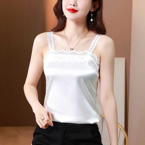 Pounoo Womens Satin Camis Sleeveless Spaghetti Strap Hollow Out Trimmed Slim Fit Casual Outings Night Camis Tanks Tops Gift