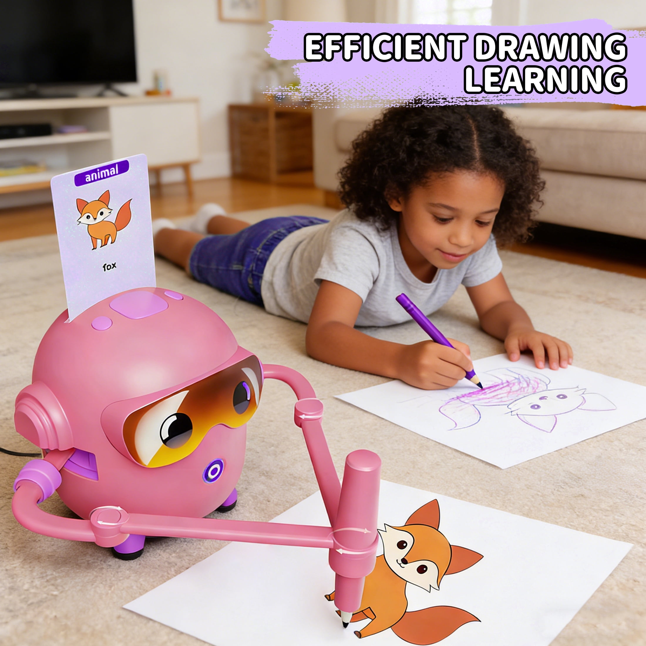 CYFW Robot Drawing Machine,Card-Insert Recognition Drawing Robot with 100 Picture Cards & 12 Colored Pens,Learning Educational Robot Toys,Fun Voice Interactive Robot,Pink