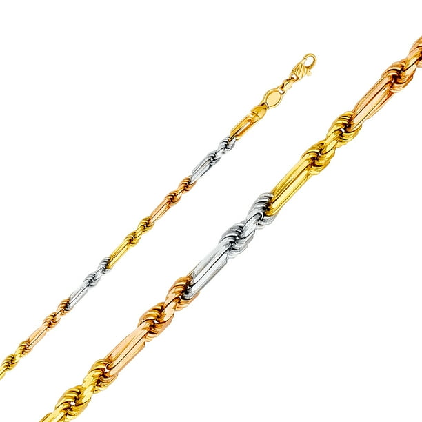AA Jewels Solid 14k White Yellow and Rose Three Color Gold 4MM Figaro Rope Figarope Chain
