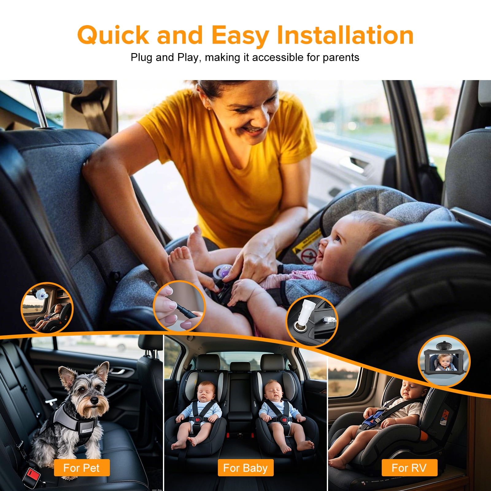 Baby Car Camera 5 inch Monitor for Backseat Simple Installation Carseat Camera with Rear-Facing Infant Monitoring IR Night Vision and 360° Rotatable Baby Car Monitor for Children(Blue)