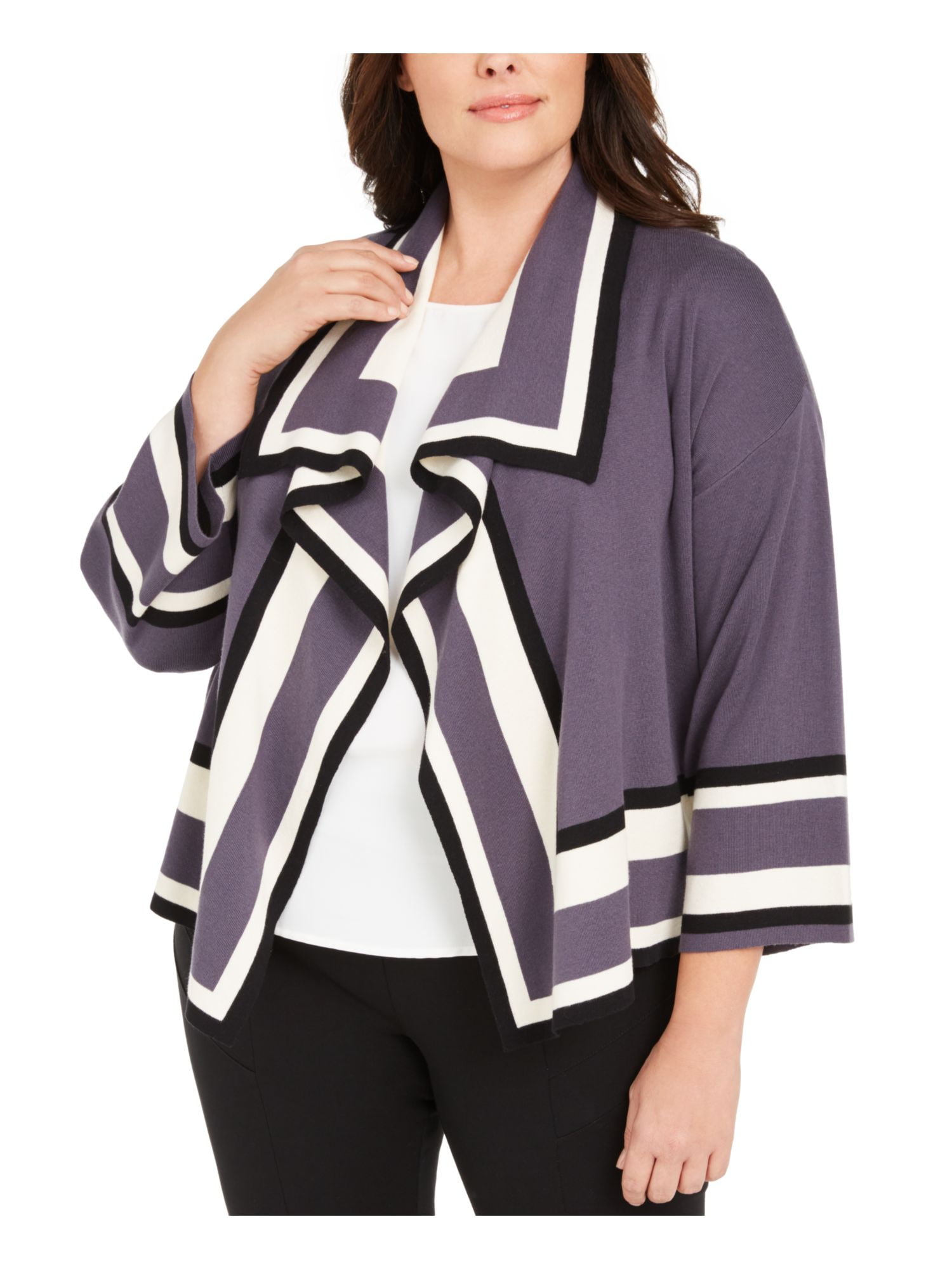 ANNE KLEIN Womens Gray Color Block 3/4 Sleeve Open Cardigan Wear To Work Sweater Plus 0X1X