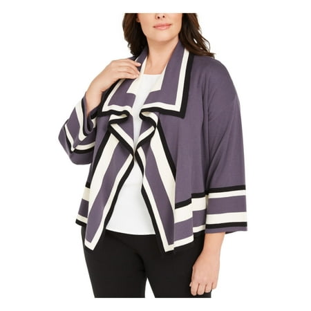 ANNE KLEIN Womens Gray Color Block 3/4 Sleeve Open Cardigan Wear To Work Sweater Plus 0X1X