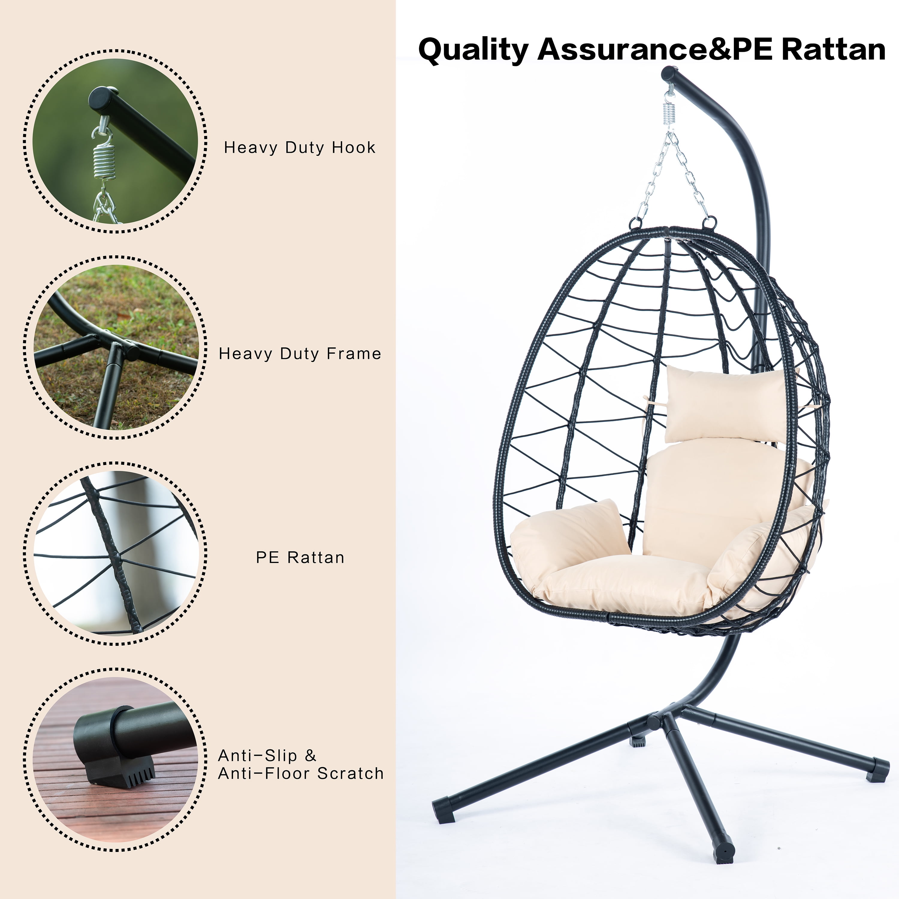 Outdoor Egg Chair, Patio Wicker Swing Egg Chair with Stand, Steel Frame, Soft Cushion and Pillow for Home Bedroom Patio Balcony, 350-Pound Weight Capacity, Khaki