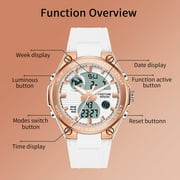 Findtime Ladies Sport Digital Watches Wrist Watch for Women with Waterproof Dual Time Date Luminous Back Light Week Alarm Stopwatch Count Down White Black Blue Green