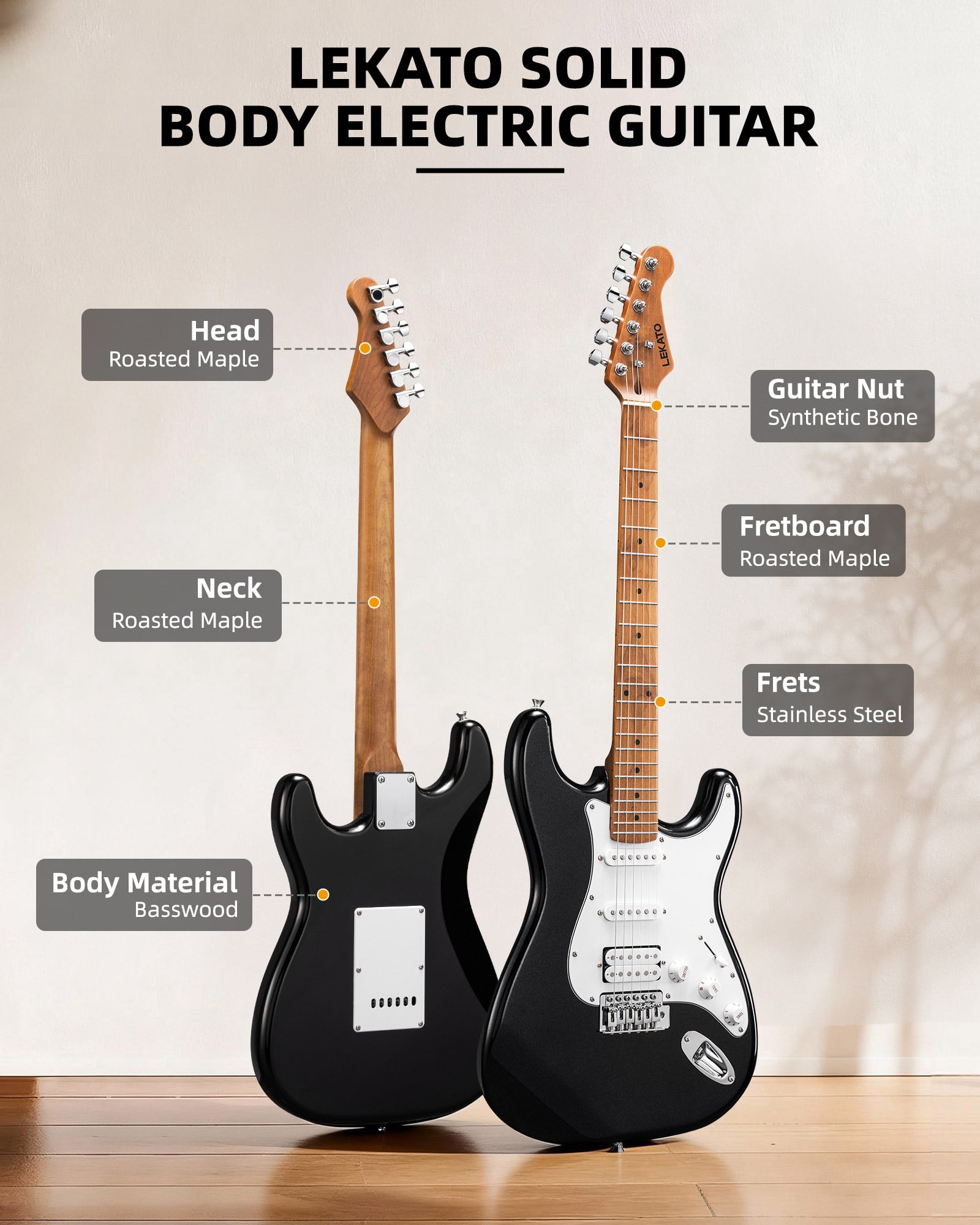 LEKATO Electric Guitar Kit Beginner 39 Inch Full Size Solid Body Guitar HSS for Starter Roasted Maple Neck Fretboard Stainless Steel Frets, 5W Mini Amp, Bag, Tuner, Capo, Strap, String, Picks