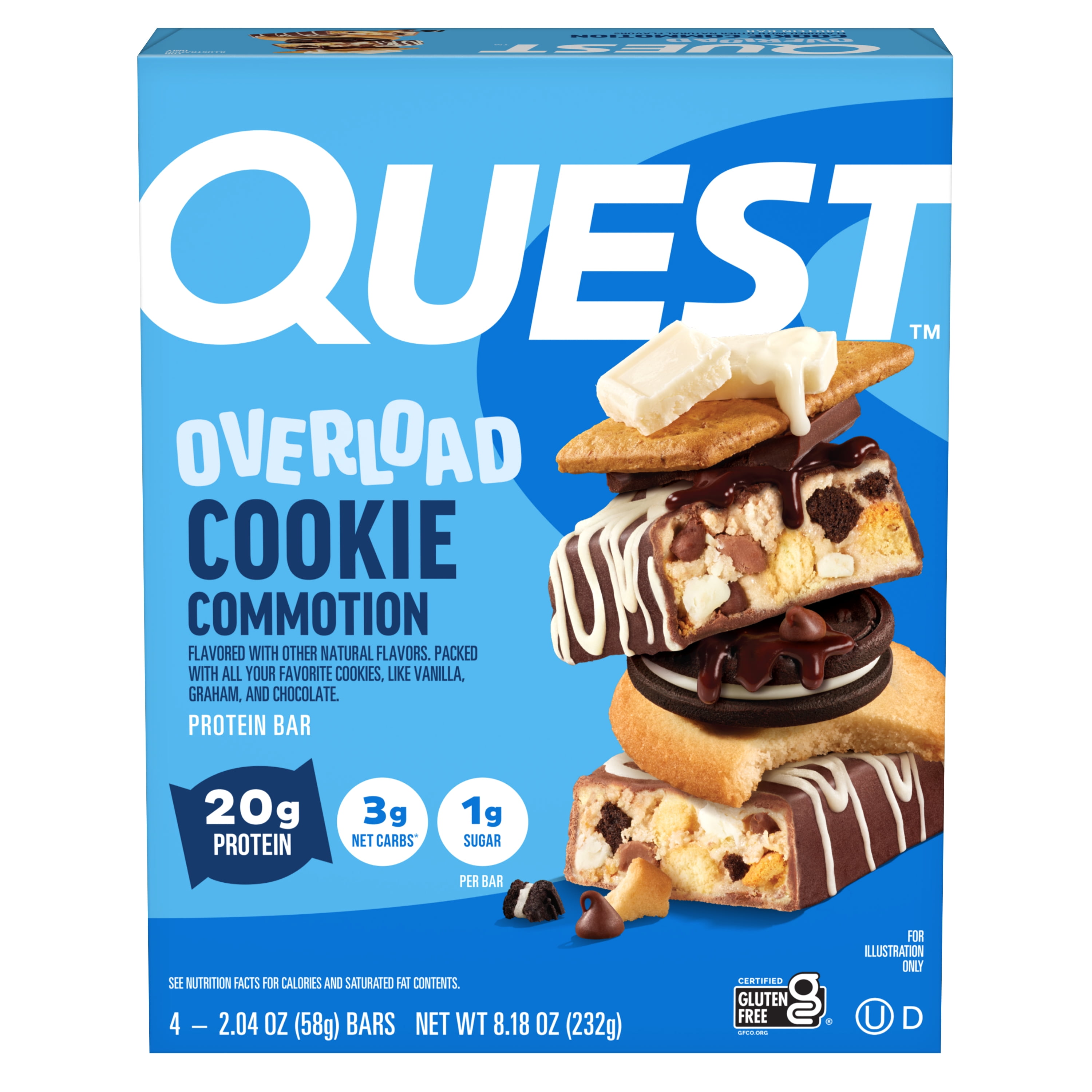 Quest Overload 20g Protein Bar, Cookie Commotion Flavor, High Protein, Gluten Free, 4 Count