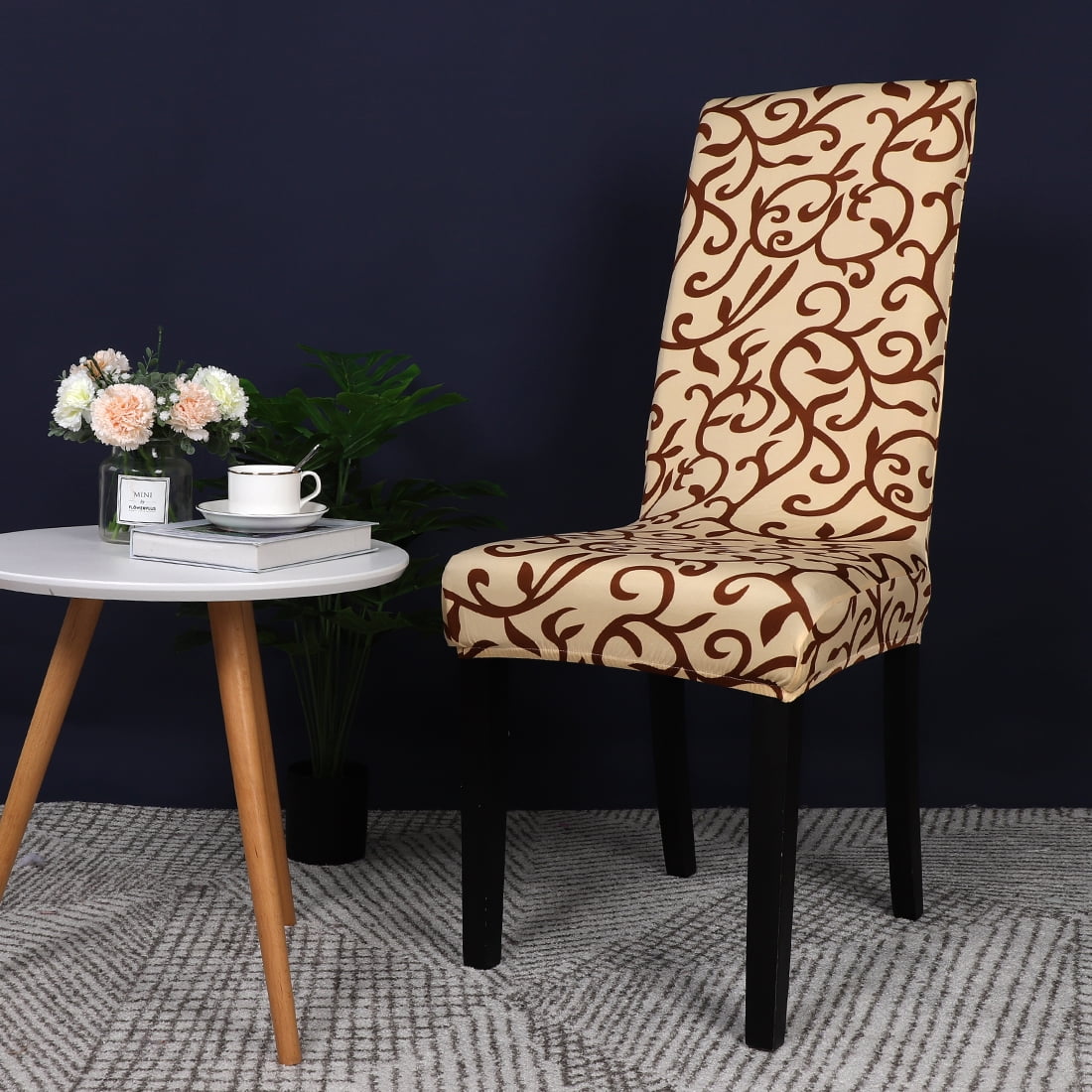 Unique Bargains 4pcs Stretch Slipcovers Floral Removable Dining Room Seat Chair Cover Champagne and Coffee Color