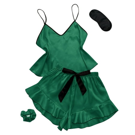 

Womens Summer Silk Satin Pajamas Sets Sexy 2 Piece Lace Spaghetti Strap Cami Tops and Shorts Lingerie Set Sleepwear