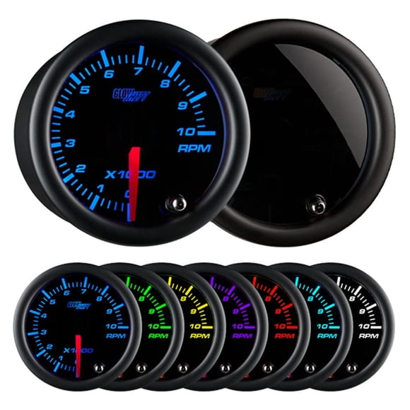 GlowShift Tinted 7 Color 10,000 RPM Tachometer Tach Gauge - for 1-10 Cylinder Gas Powered Vehicle Engines - Includes Wiring - Multi-Color Display - Black Dial - Smoked L