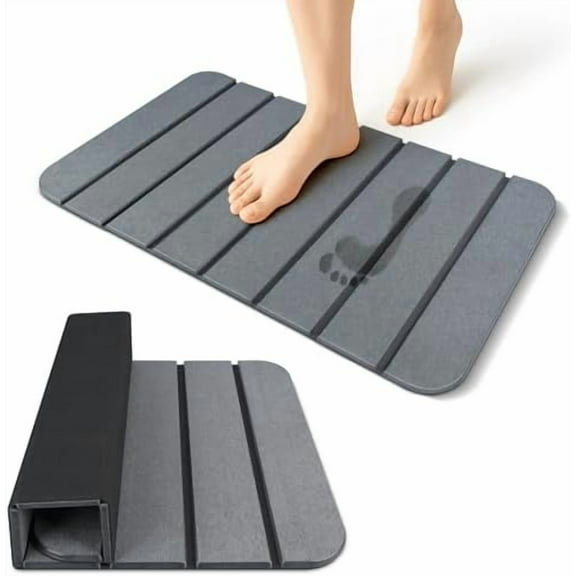 Large Foldable Stone Bath Mat with Non-Slip Rubber Base, 28''×17'' Super Absorbent Quick Drying Diatomaceous Earth Mat for Bathroom, Easy to Store, Easy to Clean, Grey