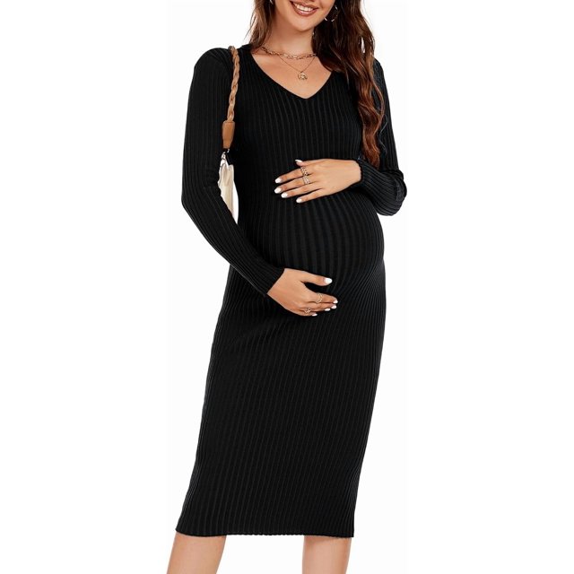 WANTROY Robe de Maternité à Manches Longues, Col en V, Tricot Extensible, Robe Chandail, Vêtements de Grossesse pour Séance Photo et Shower de Bébé