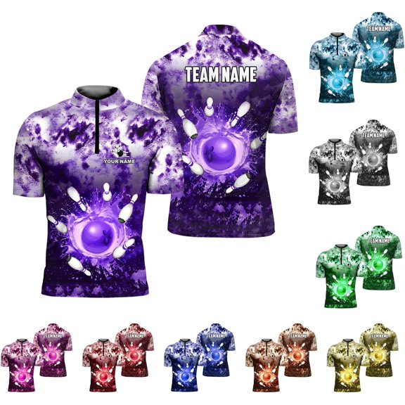 Personalized Bowling Jersey 3D, Bowling Shirts for Team, Bowling Shirt Unisex for Men Women, Bowling Polo Shirts (Purple, S)