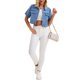 thumbnail image 2 of Chaqueta de mezclilla recortada de manga corta con botones y deshilachada para mujer INSPIRE CHIC, azul claro, XL, 2 of 6
