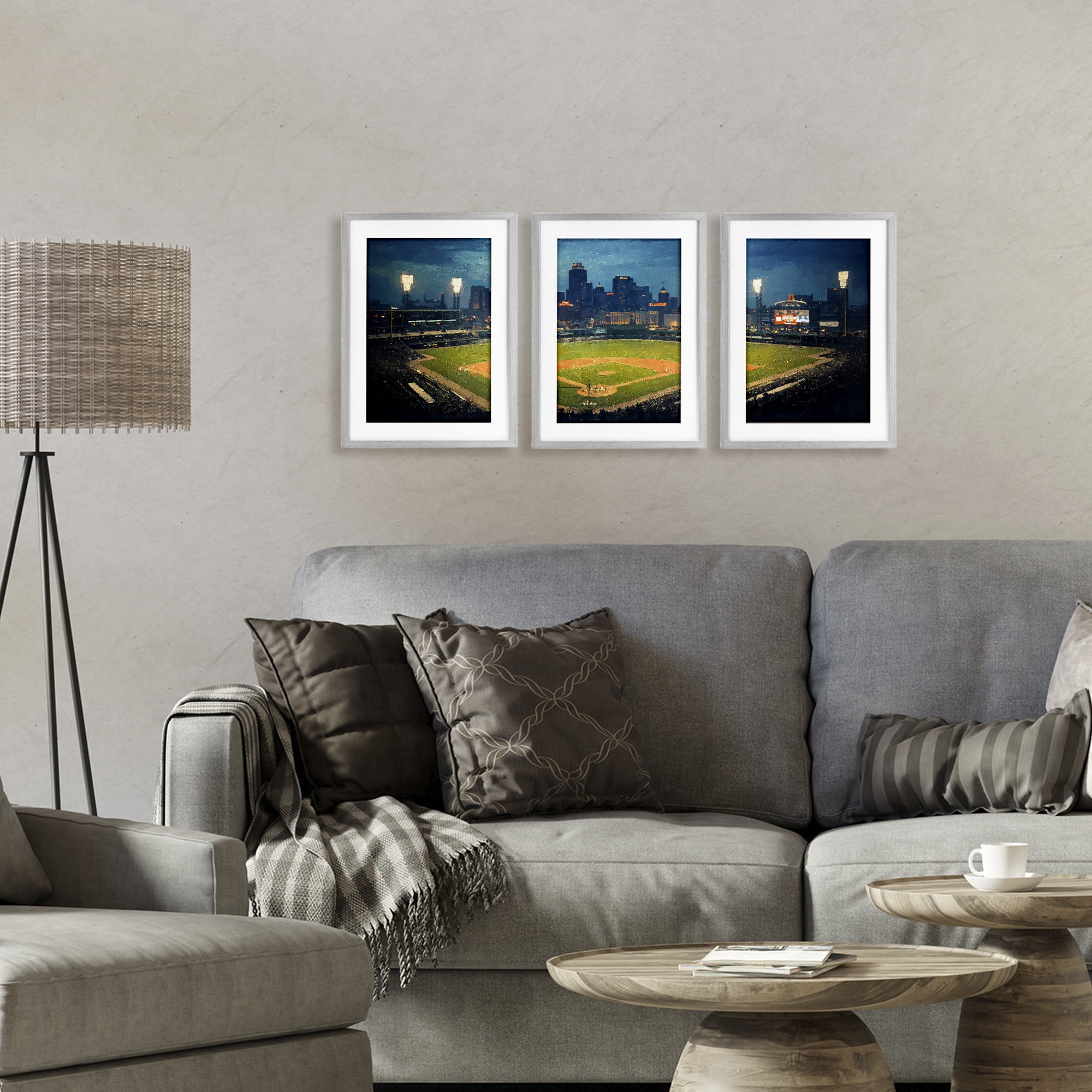 Stupell Industries Baseball Stadium Night View 3 Piece Gray Framed Print Under Glass Set, design by Arlington Prints
