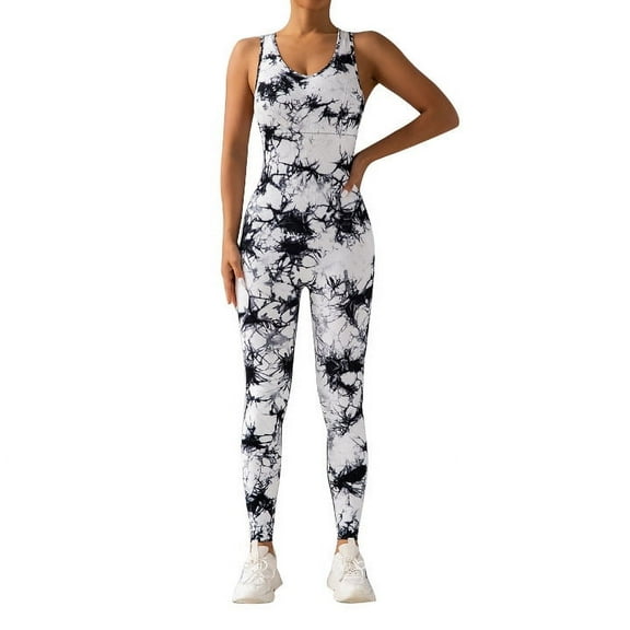 Lenpel Workout Jumpsuits for Women Sleeveless Tie Dye Backless Slimming Yoga Romper Seamless Athletic Overalls