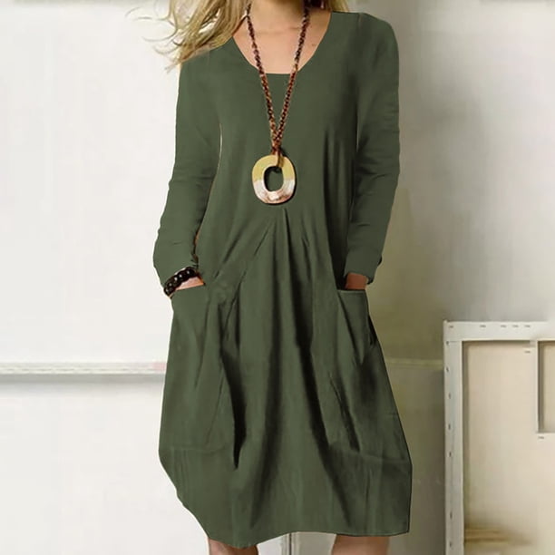 Vestido De Manga Larga Vestido De Otoño De Color Puro Vestido De Mujer Frente Plisado Manga Larga Cuello Redondo Color Puro Vestido Suelto Informal Con Bolsillos Para Primavera ANGGREK Verde XL