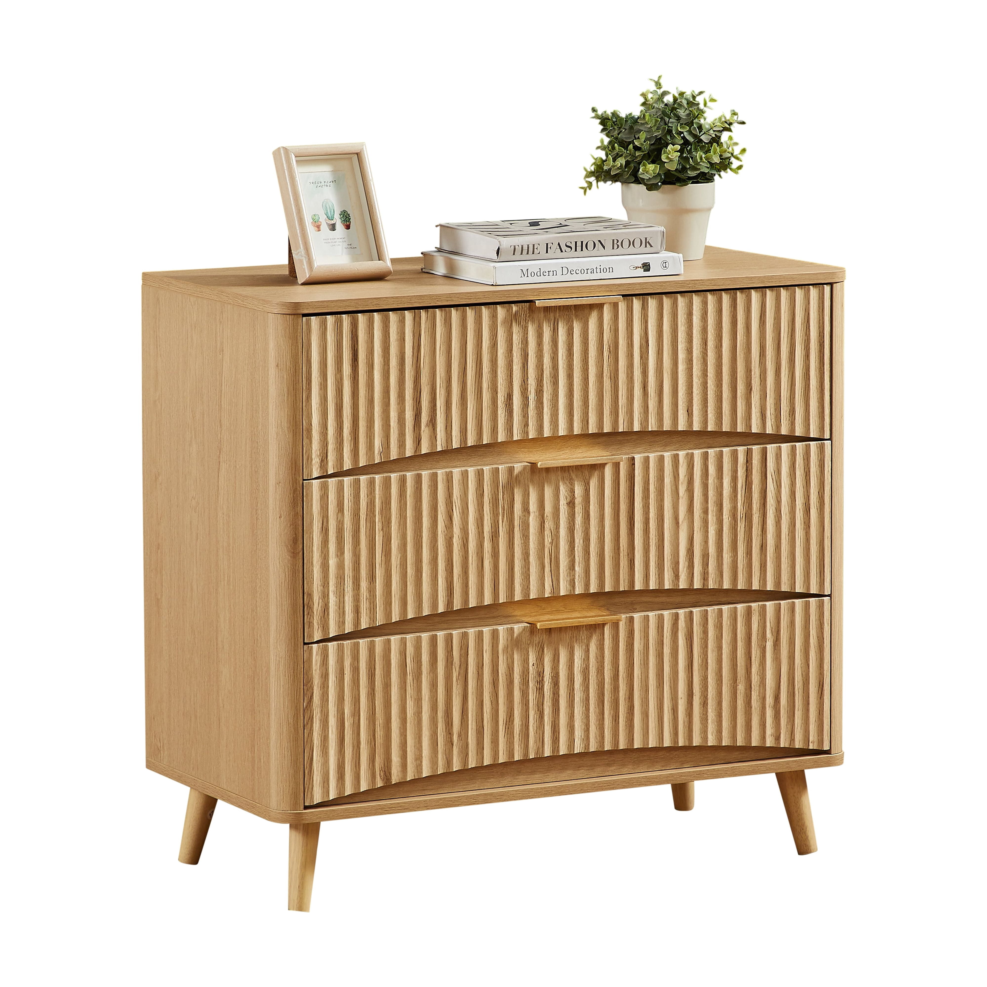 Fluted 3 Drawer Dresser, Modern Tall Chest of Drawers with Vertical Grooved Design, Wood Storage Cabinet with Metal Handles for Bedroom Living Room