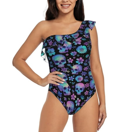 Gukieu Skull Flower Blue Print One-shoulder Ruffled One-piece Swimsuit with Removable Chest Pads and Tummy-control Swimsuit for Women-XX-Large