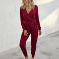 thumbnail image 2 of Long Sleeve Pants Jumpsuit Slim Lace Up V Neck Polyester Fashion Casual Women's Clothing Wine Red XL, 2 of 7