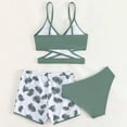 thumbnail image 4 of UngA Girl's 3 Piece Swimsuit Tropical Print Criss Cross Bikini Set Bathing Suit for Girls Swimwear with Shorts (Mint Green,14-15 Years), 4 of 7