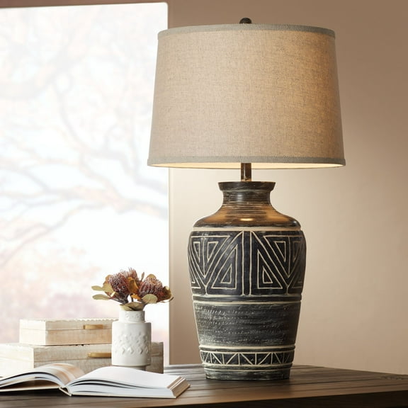 John Timberland Rustic Southwestern Jar Table Lamp with USB Charging Port 32" Tall Earth Tone Linen Drum Shade Living Room Bedroom House