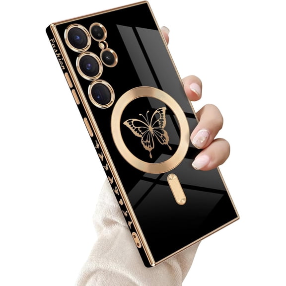 For Samsung Galaxy S24 Ultra 5G Magnetic Case, Cute Butterfly Luxury Plating TPU Shockproof Cover