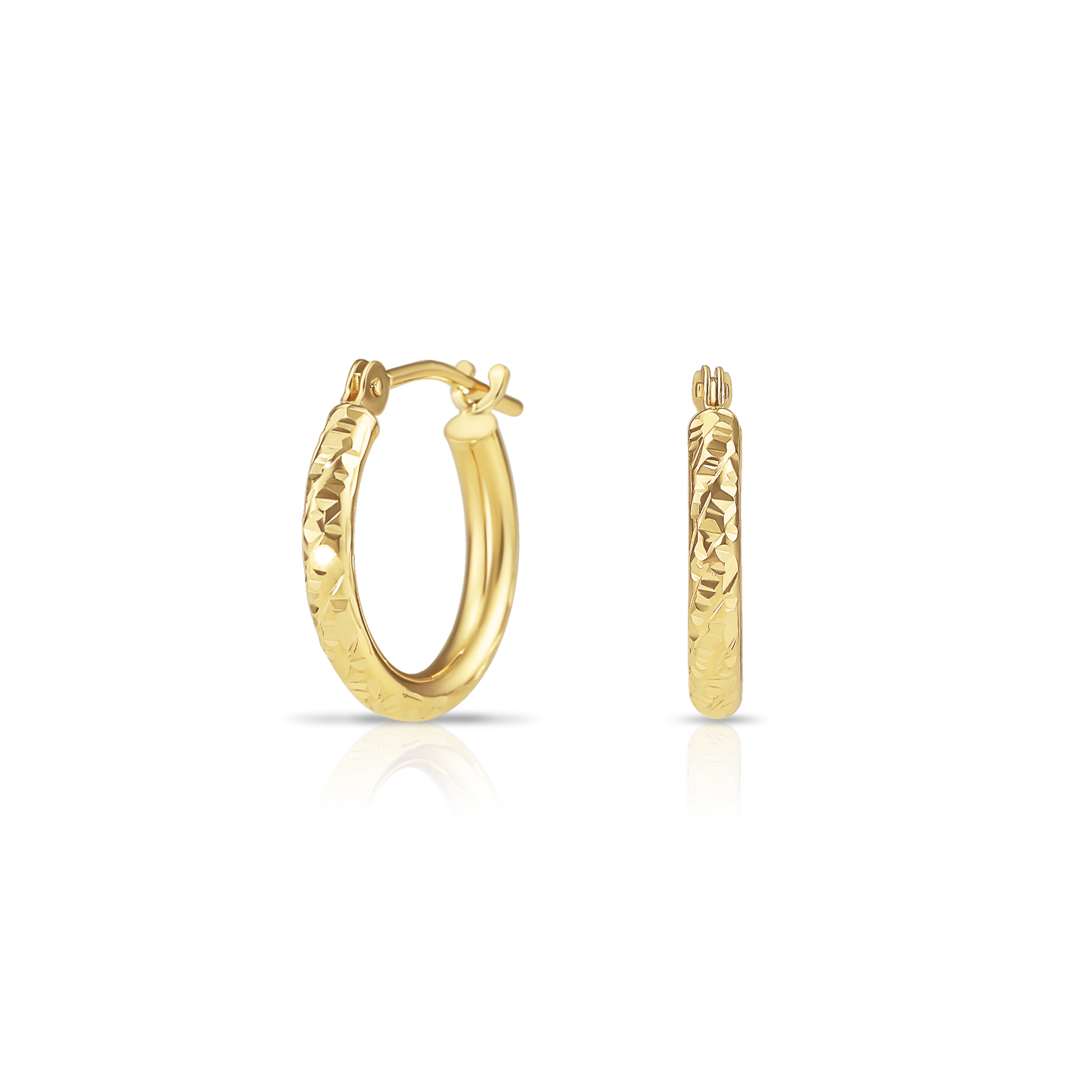 Tilo Jewelry 10K Yellow Gold Round Hoop Earrings with Diamond-Cut Engraving for Women, Men, Unisex | 14mm - 0.55 Inch