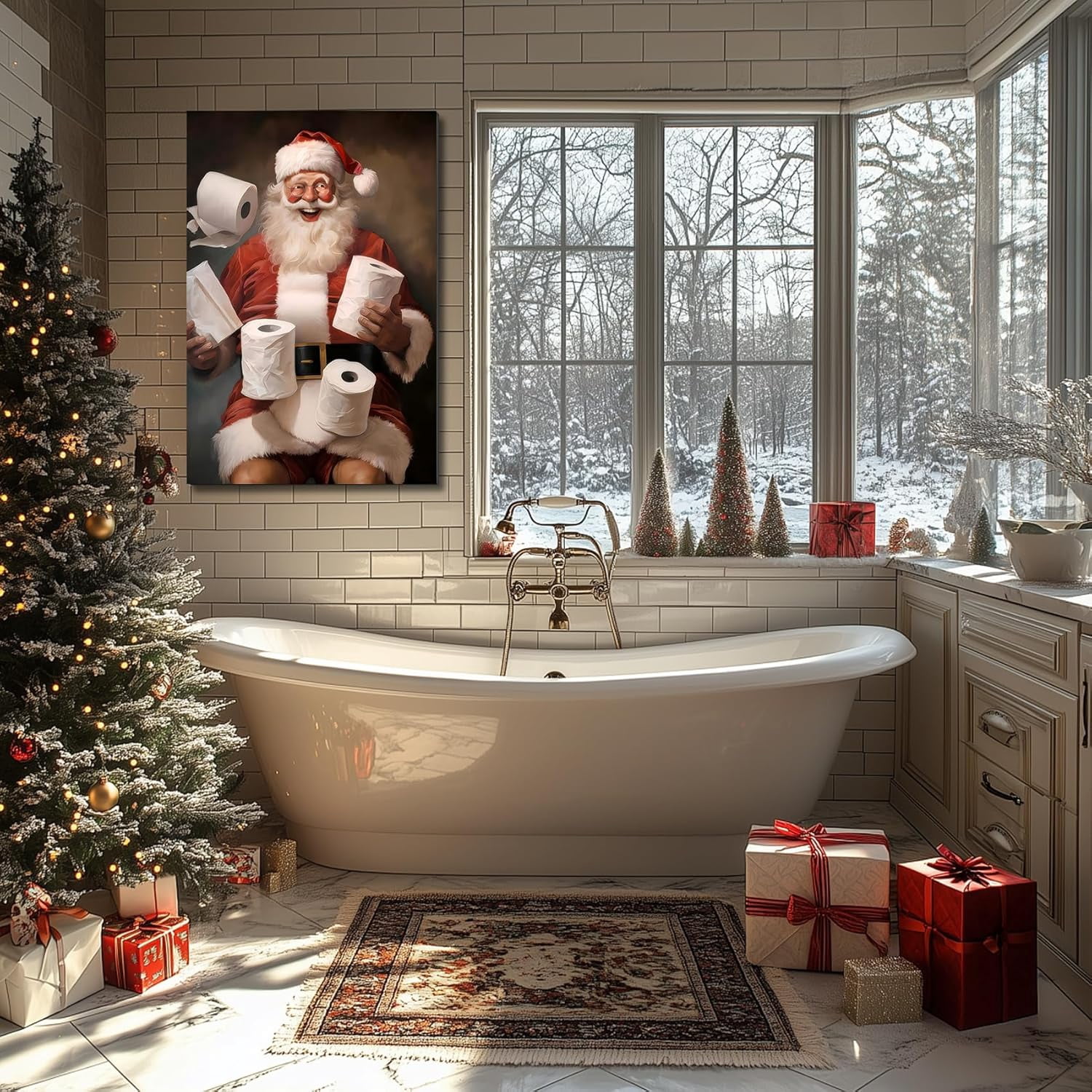 Funny Christmas Santa Bathroom Wall Art Prints, Winter Christmas Santa Claus Posters Pictures Wall Decor for Shower Room Bathroom Washroom, Framed Ready to Hang
